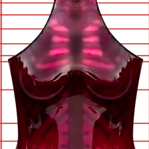 Digital artwork of a glossy, stylized female torso showing highlighted ribcage and abdominal bones, with a red grid background featuring horizontal lines in red, green, and blue.