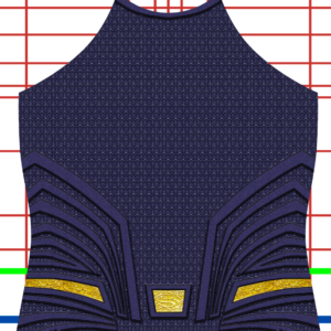 A close-up of the Superman Dawn of Justice v4 suit with a dark blue textured design and geometric patterns, featuring no shading or shield, set against a white background with red, green, and blue grid lines.