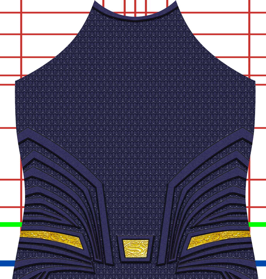 A close-up of the Superman Dawn of Justice v4 suit with a dark blue textured design and geometric patterns, featuring no shading or shield, set against a white background with red, green, and blue grid lines.