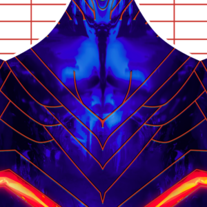 Abstract digital art featuring sharp, flame-like red lines overlaying a blue and black surface with glowing orange accents. Red grids appear at the top, and the composition has a symmetrical, almost armor-like appearance.