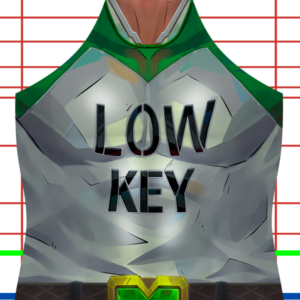 A stylized illustration of a person wearing a white shirt with “LOW KEY” printed in bold black letters, a green collar, a yellow belt buckle, and a background featuring red, green, and blue horizontal lines.