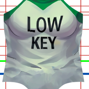 A sleeveless white and green swimsuit with the words “LOW KEY” printed in bold black letters on the front, displayed against a background of red, green, and blue grid lines.