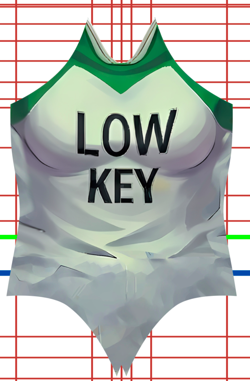 A sleeveless white and green swimsuit with the words “LOW KEY” printed in bold black letters on the front, displayed against a background of red, green, and blue grid lines.