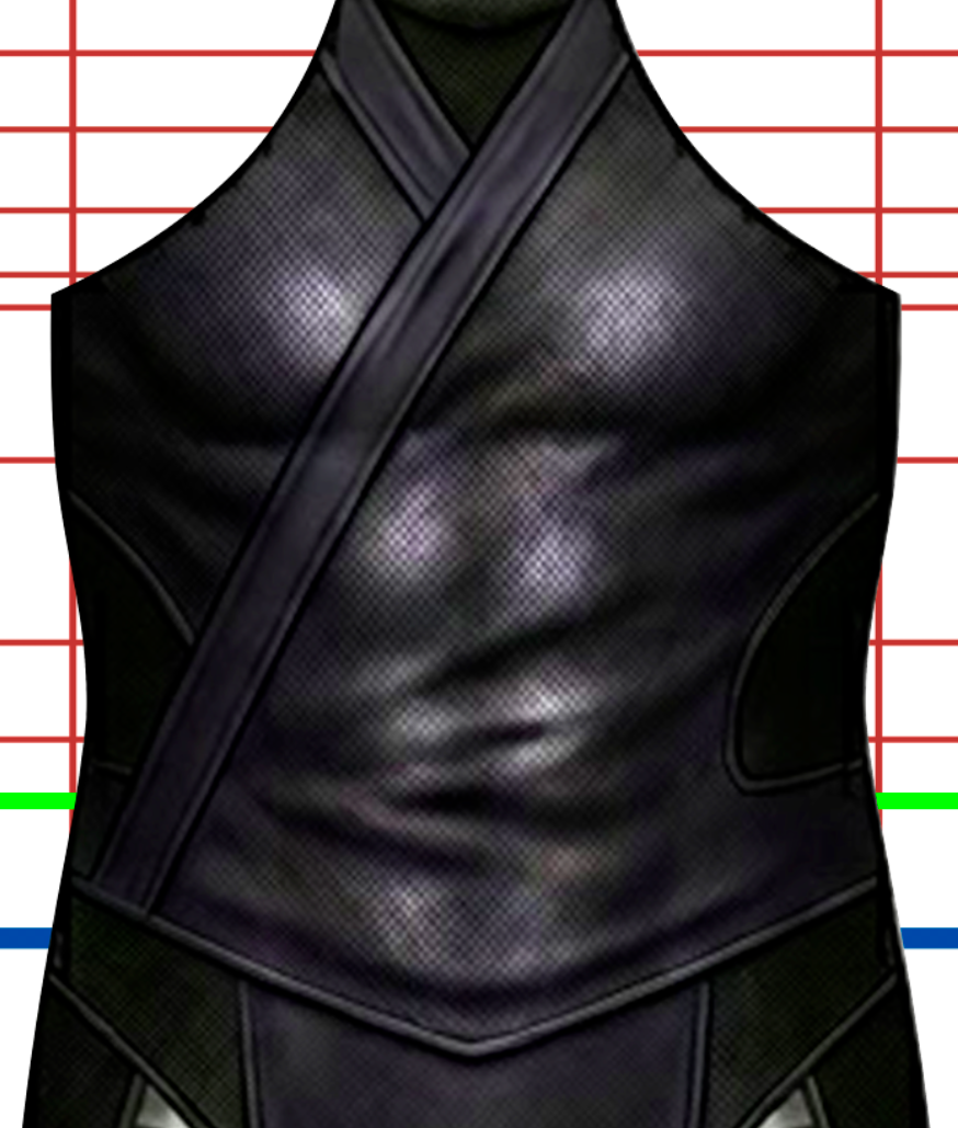 A close-up of a black, sleeveless, textured armored vest with a crisscross front design, displayed against a background of red horizontal lines and a few green and blue lines.