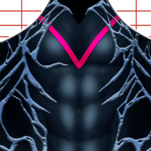 Close-up of a muscular torso in the Diehard v1 - youngblood (Copy) suit: black with silver web patterns and a pink "V" at the collar. Height chart in background; great for cosplay or Image Comics costume inspiration.