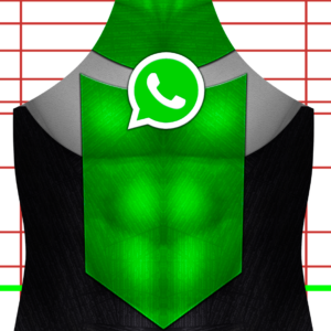 A stylized suit with a bright green tie features the WhatsApp logo at the knot, set against a background of red and green lined paper.