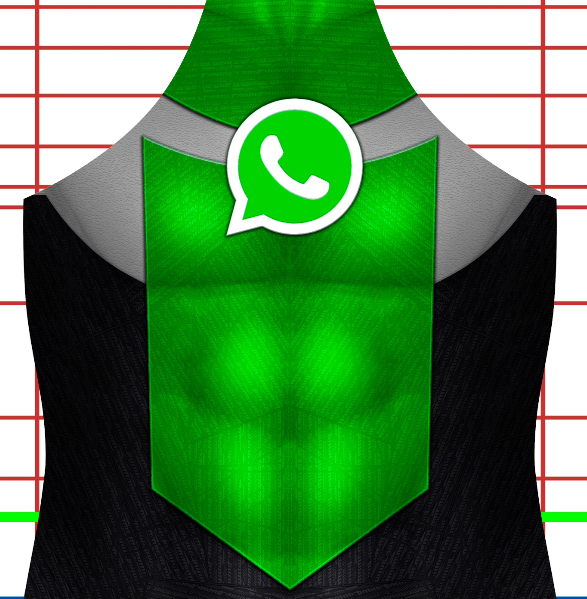A stylized suit with a bright green tie features the WhatsApp logo at the knot, set against a background of red and green lined paper.
