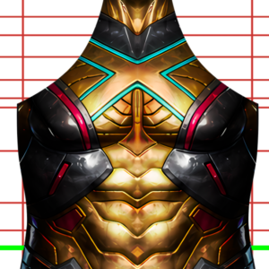 A futuristic armored torso with gold, red, black, and teal accents stands against a background of horizontal red lines and one green and blue line near the bottom. The armor resembles a stylized muscular chest.