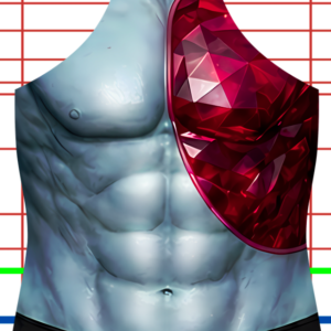 A muscular, blue-skinned torso with a red, gem-like structure covering the left chest and shoulder area; a lined background is visible behind the figure.