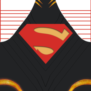 Stylized illustration of Absolute Superman v11 no shading—a black costume with red and gold emblem, gold accents, abstract yellow-orange details, and a red-lined background—ideal inspiration for a dyesub suit.