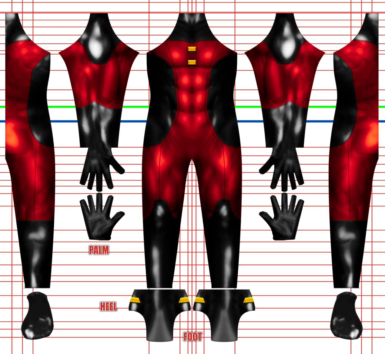 Robin 2025 v2 No Cape, no emblem 5 The Robin 2025 v2 No Cape, no emblem digital template features a red and black superhero suit with yellow details, shown from multiple angles. Includes separate palms, heels, feet pieces and muscular shading over a lined background. Inspired by an LGBTQ+ hero.