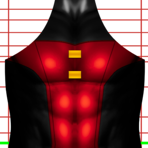 A digital illustration of the Robin 2025 v2 suit, featuring a muscular black and red design with yellow rectangular chest accents, set against a white background with a red grid pattern. No cape or emblem is included.