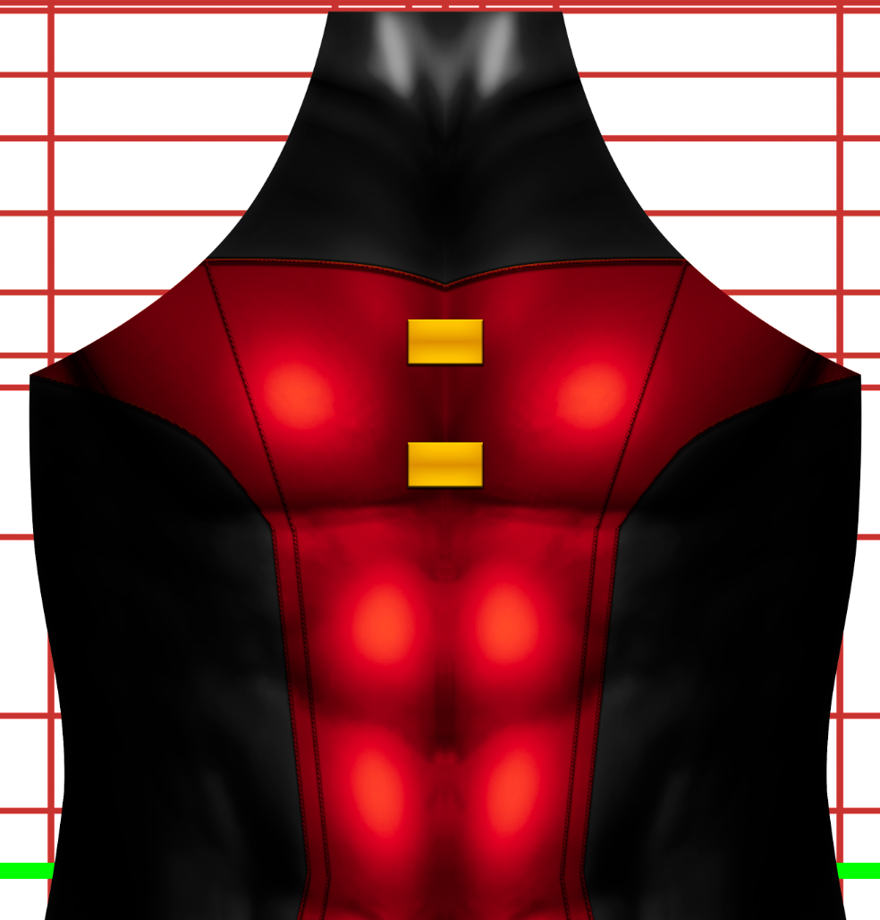 Robin 2025 v2 No Cape, no emblem 1 A digital illustration of the Robin 2025 v2 suit, featuring a muscular black and red design with yellow rectangular chest accents, set against a white background with a red grid pattern. No cape or emblem is included.