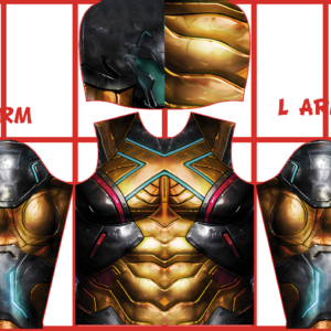 A Roblox shirt template featuring a futuristic armored suit design with gold, black, and blue metallic elements for the torso, arms, and a partial helmet. The sections are labeled for right and left arms.