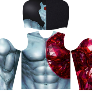 A set of costume templates featuring a human torso and arm with a metallic, muscular design, and geometric red crystal patterns covering parts of the shoulder and arm.