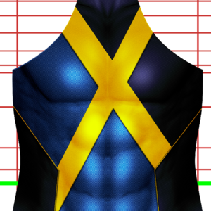 A close-up of the Cyclops Custom v2 cosplay shows a blue and black suit with a bold yellow "X" across the chest and shoulders, defined muscle contours, and a red-and-blue grid background.