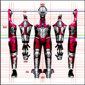 Armored Ultraman cosplay costume pattern from the Netflix anime, red and silver metal armor with blue color-timer chest light, full layout with mask, gloves and foot pieces, custom dye sublimation design by 4NEO Designs