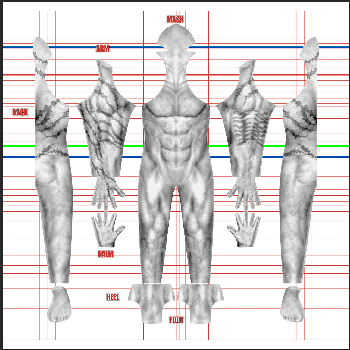 Lobo undersuit cosplay costume pattern from Supergirl Woman of Tomorrow, chalk-white muscle base with tribal scars and veined detailing, full layout with mask, gloves and foot pieces, custom dye sublimation design by 4NEO Designs