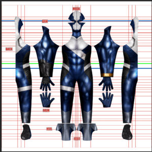 Quantum from Quantum and Woody full cosplay costume pattern, deep blue muscle suit with white and silver paneling, mask, gloves and foot pieces, custom dye sublimation design by 4NEO Designs