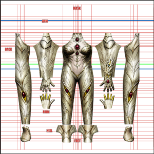 Witchblade cosplay costume pattern in the classic comic look, Sara Pezzini ivory and gold bio-armor with red Witchblade gems over a muscle base, full layout with mask, gloves and foot pieces, custom dye sublimation design by 4NEO Designs