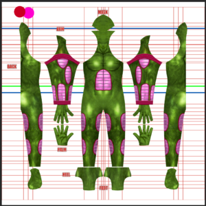 Full pattern layout for the Piccolo suit shows green Namekian skin texture over the whole body with pink segmented panels on the chest, arms, and legs edged in deep magenta trim, plus a pointed hood mask piece, arranged on a white grid background for dyesub printing.