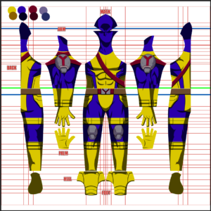 Full pattern layout for the Wolverine X-Men 97 Season 2 suit shows a blue and yellow base with a red diagonal chest strap, gray shoulder guard, brown belt, and pointed cowl mask, arranged on a white grid background for dyesub printing.