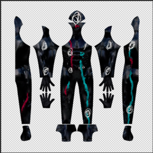 Full pattern layout for The Spot final form suit shows a black textured base covered in white portal-shaped swirl marks with red and teal paint-drip streaks running down the arms and legs, plus the hood mask piece, arranged on a transparent background for dyesub printing.