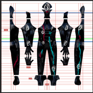 Full pattern layout for The Spot v2 suit shows the hood and mask cut as a separate piece from the body, with a black textured base covered in white portal-shaped swirl marks and red and teal paint-drip streaks down the arms and legs, arranged on a white grid background for dyesub printing.