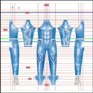 Custom original superhero cosplay costume pattern by 4NEO Designs, light blue and white suit with a diamond atomic chest emblem and blue-white piping, full layout with mask, gloves and foot pieces, custom dye sublimation design