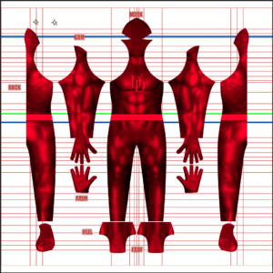 Daredevil cosplay costume pattern, deep red muscle suit with the double-D chest emblem and red belt, full layout with mask, gloves and foot pieces, custom dye sublimation design by 4NEO Designs