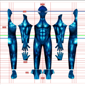 Skeletor skin undersuit cosplay costume pattern from the new Masters of the Universe movie, vivid blue muscled skin base, full layout with mask, gloves and foot pieces, custom dye sublimation design by 4NEO Designs