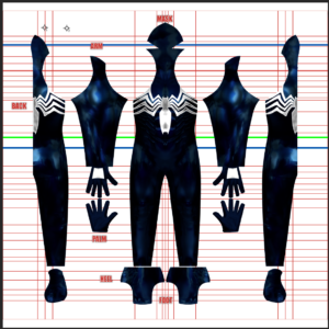 Full pattern layout for the Symbiote Spider-Man v2 suit shows a deep navy-black mottled texture with a bold white spider emblem and chevron web pattern across the chest and shoulders, plus the pointed hood mask piece, arranged on a white grid background for dyesub printing.