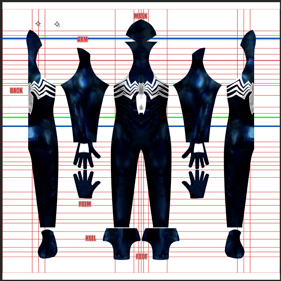 Full pattern layout for the Symbiote Spider-Man v2 suit shows a deep navy-black mottled texture with a bold white spider emblem and chevron web pattern across the chest and shoulders, plus the pointed hood mask piece, arranged on a white grid background for dyesub printing.