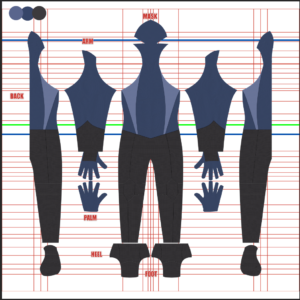 Full pattern layout for the Custom Justin F muscle base suit shows a navy blue and lighter blue-gray V-paneled torso with black lower body and hood mask piece, arranged on a white grid background for dyesub printing.