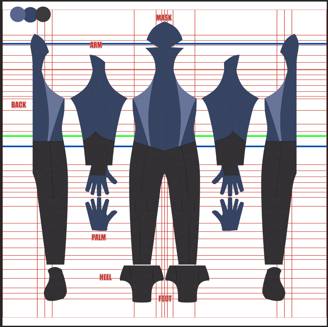 Full pattern layout for the Custom Justin F muscle base suit shows a navy blue and lighter blue-gray V-paneled torso with black lower body and hood mask piece, arranged on a white grid background for dyesub printing.