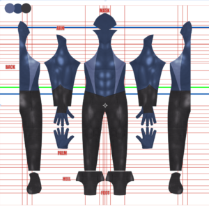 Full pattern layout for the Custom Justin F v2 muscle base suit shows a navy blue and lighter blue-gray V-paneled torso with 25 percent muscle shading through the abs and chest, black lower body, and hood mask piece, arranged on a white grid background for dyesub printing.