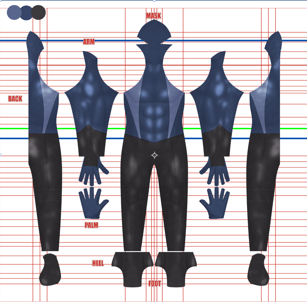 Full pattern layout for the Custom Justin F v2 muscle base suit shows a navy blue and lighter blue-gray V-paneled torso with 25 percent muscle shading through the abs and chest, black lower body, and hood mask piece, arranged on a white grid background for dyesub printing.