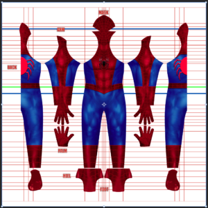 Full pattern layout for the Awesome Spiderman v1 suit shows classic red and blue color blocking with a black spider emblem on the chest and back, web-line detailing throughout, and the pointed mask piece, arranged on a white grid background for dyesub printing.