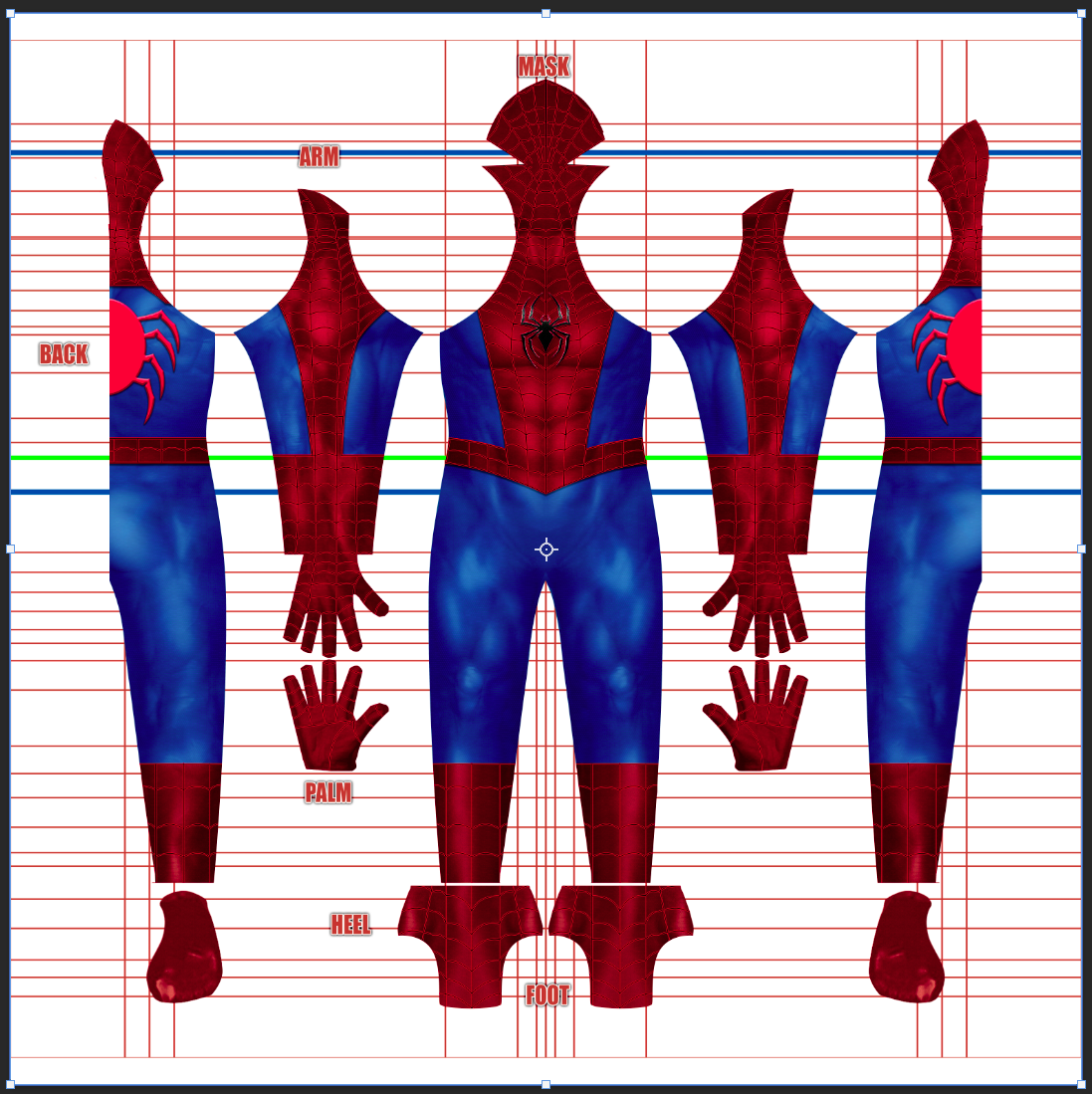 Full pattern layout for the Awesome Spiderman v1 suit shows classic red and blue color blocking with a black spider emblem on the chest and back, web-line detailing throughout, and the pointed mask piece, arranged on a white grid background for dyesub printing.