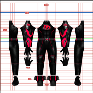 Full pattern layout for the Dealer Destroyer v1 custom suit shows a matte black tactical suit with red piping, a red DD chest emblem, a DD belt, armored shoulders, knee armor, and red boot accents, arranged on a white grid background for dyesub printing.