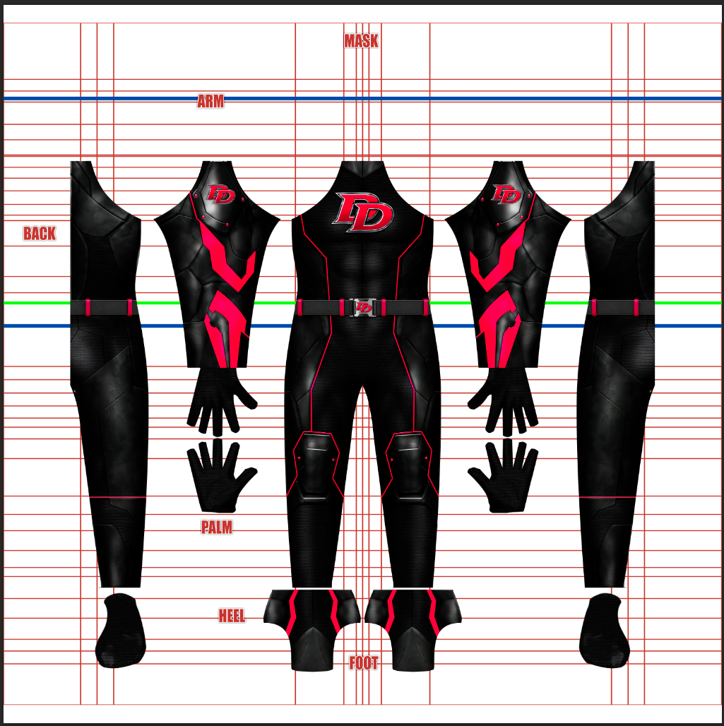 Full pattern layout for the Dealer Destroyer v1 custom suit shows a matte black tactical suit with red piping, a red DD chest emblem, a DD belt, armored shoulders, knee armor, and red boot accents, arranged on a white grid background for dyesub printing.
