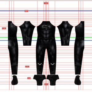 Full pattern layout for the Superman & Lois v13 Black suit shows an all-black textured suit with a black S shield, angular black belt, white chevron boot cuffs, and treaded heel pieces, arranged on a white grid background for dyesub printing.