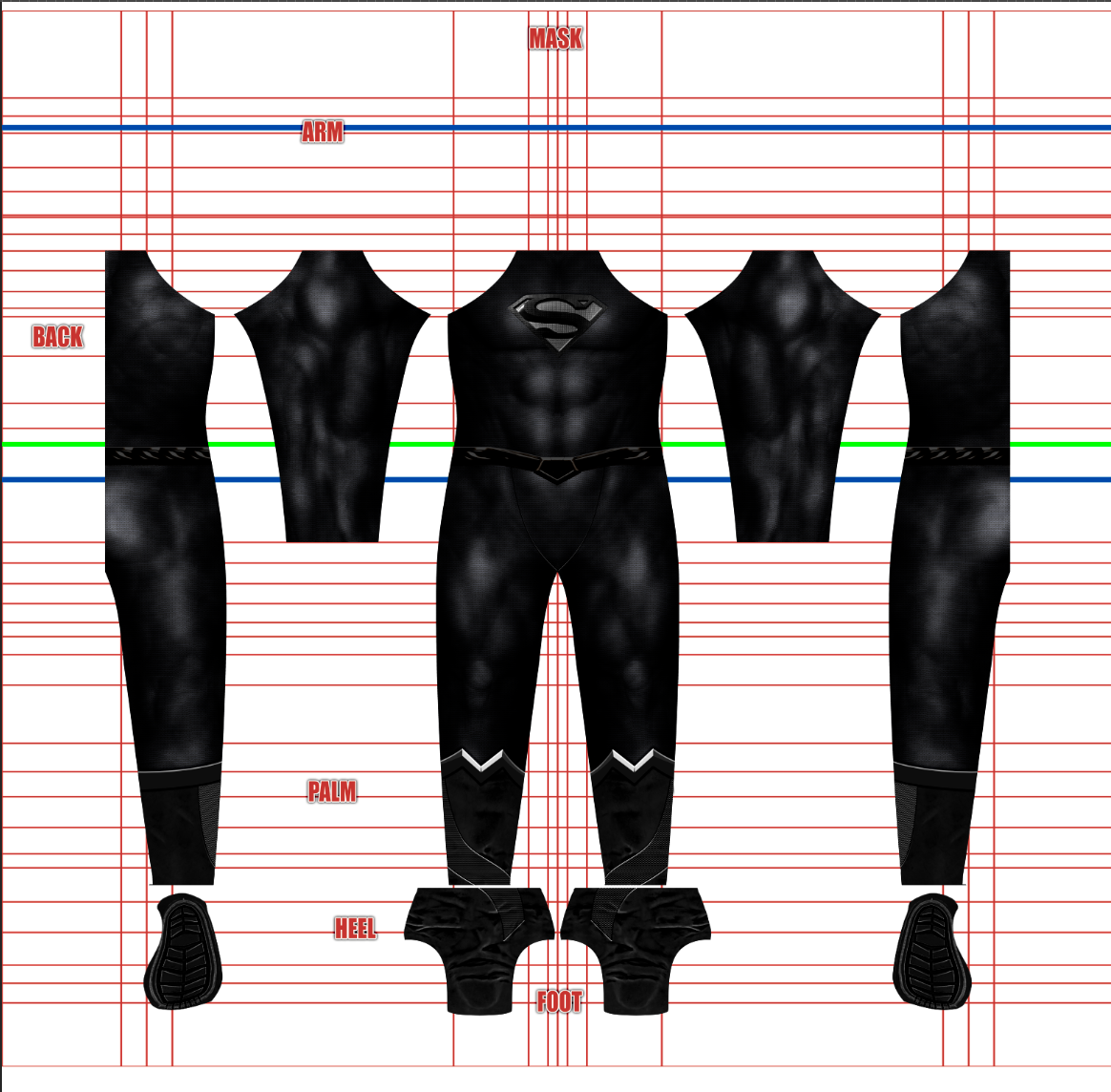 Full pattern layout for the Superman & Lois v13 Black suit shows an all-black textured suit with a black S shield, angular black belt, white chevron boot cuffs, and treaded heel pieces, arranged on a white grid background for dyesub printing.