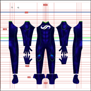 Captain Clean v1 custom superhero suit pattern, full print layout in navy blue with green piping, glossy blue knee panels and a white infinity emblem on the chest