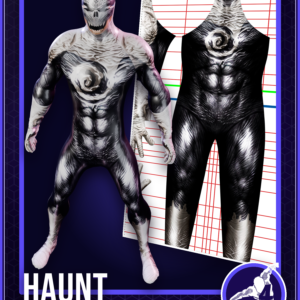 Haunt v1 dye sublimation cosplay pattern card showing the finished black and white suit with a white spiral chest emblem beside the flat pattern layout, 4NEO Originals number 002