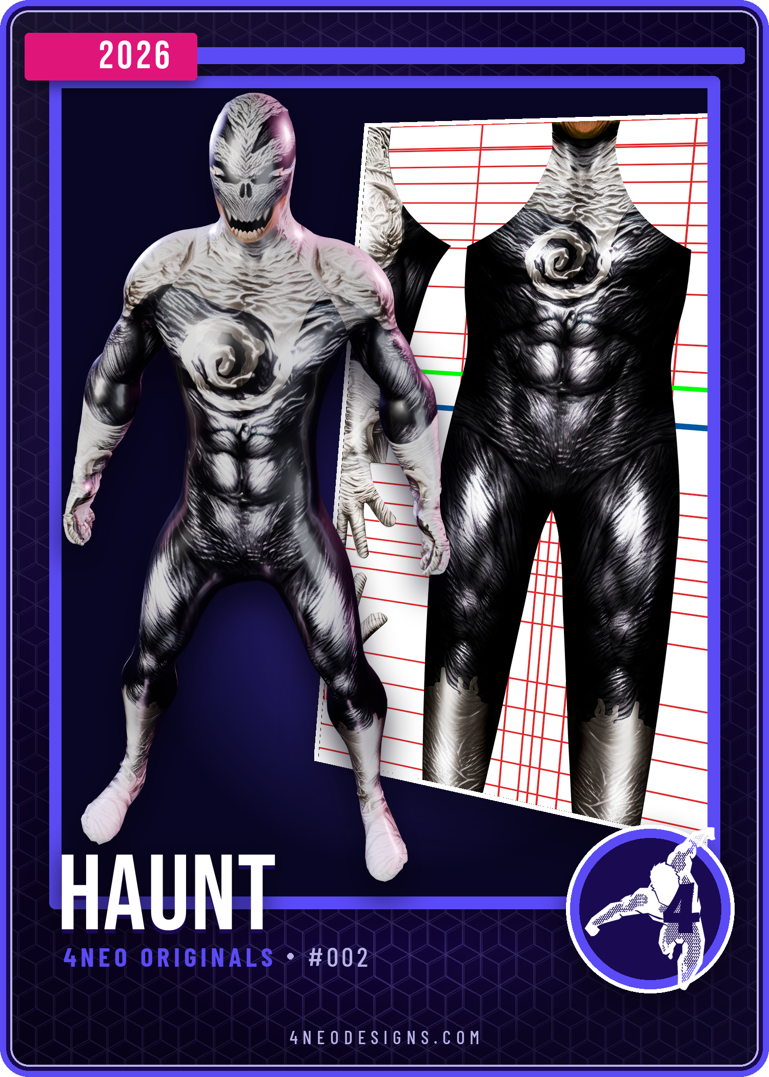 Haunt v1 dye sublimation cosplay pattern card showing the finished black and white suit with a white spiral chest emblem beside the flat pattern layout, 4NEO Originals number 002