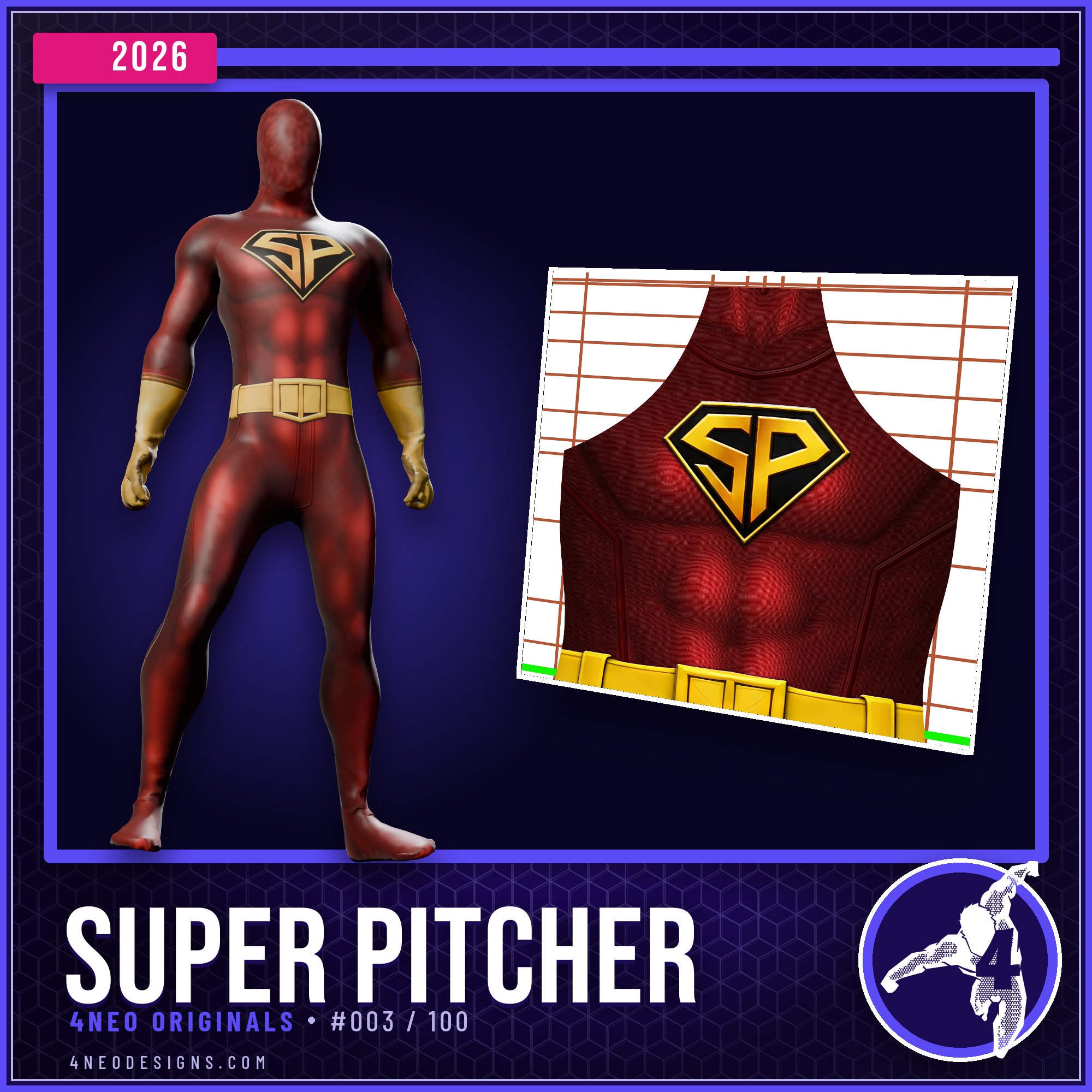 Super Pitcher v1 custom superhero suit pattern card showing the finished crimson suit with a gold and black SP diamond chest emblem and gold belt beside the flat dye sublimation pattern layout, 4NEO Originals number 003 of 100