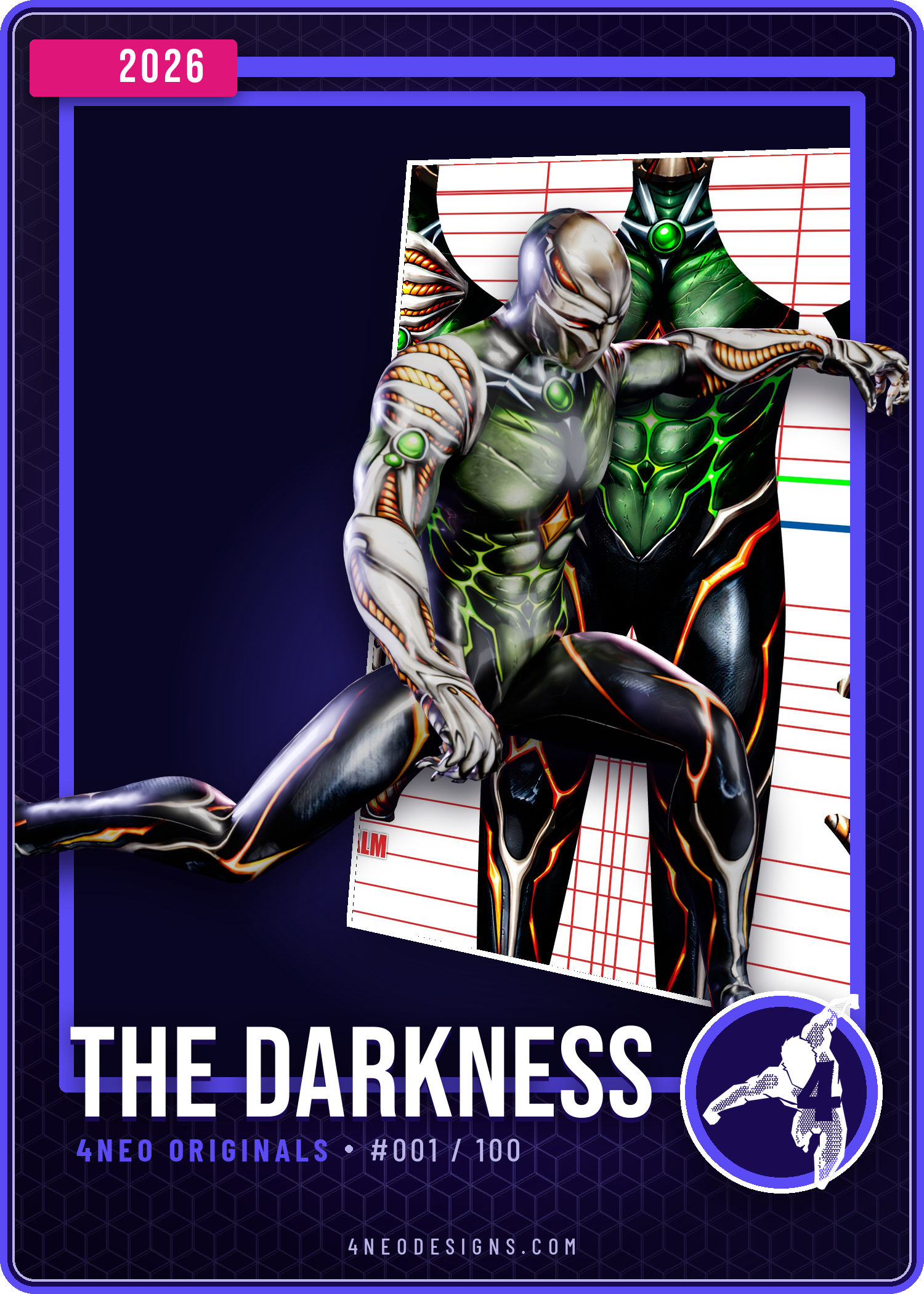 The Darkness v3 dye sublimation cosplay pattern card showing the finished suit in silver, green and black with orange accents beside the flat pattern layout, 4NEO Originals number 001